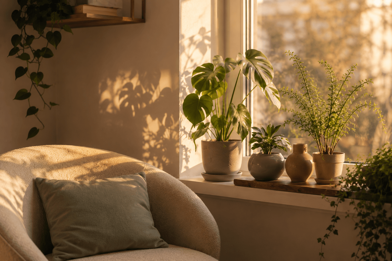 Fauteuil baigné de lumière près d'une fenêtre, entouré de plantes